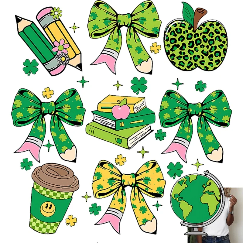 St. Patrick's Day School - themed Heat Transfer White Ink Iron - on Decal, with Bow Pencil, Book, Apple, Coffee, Globe, for T -