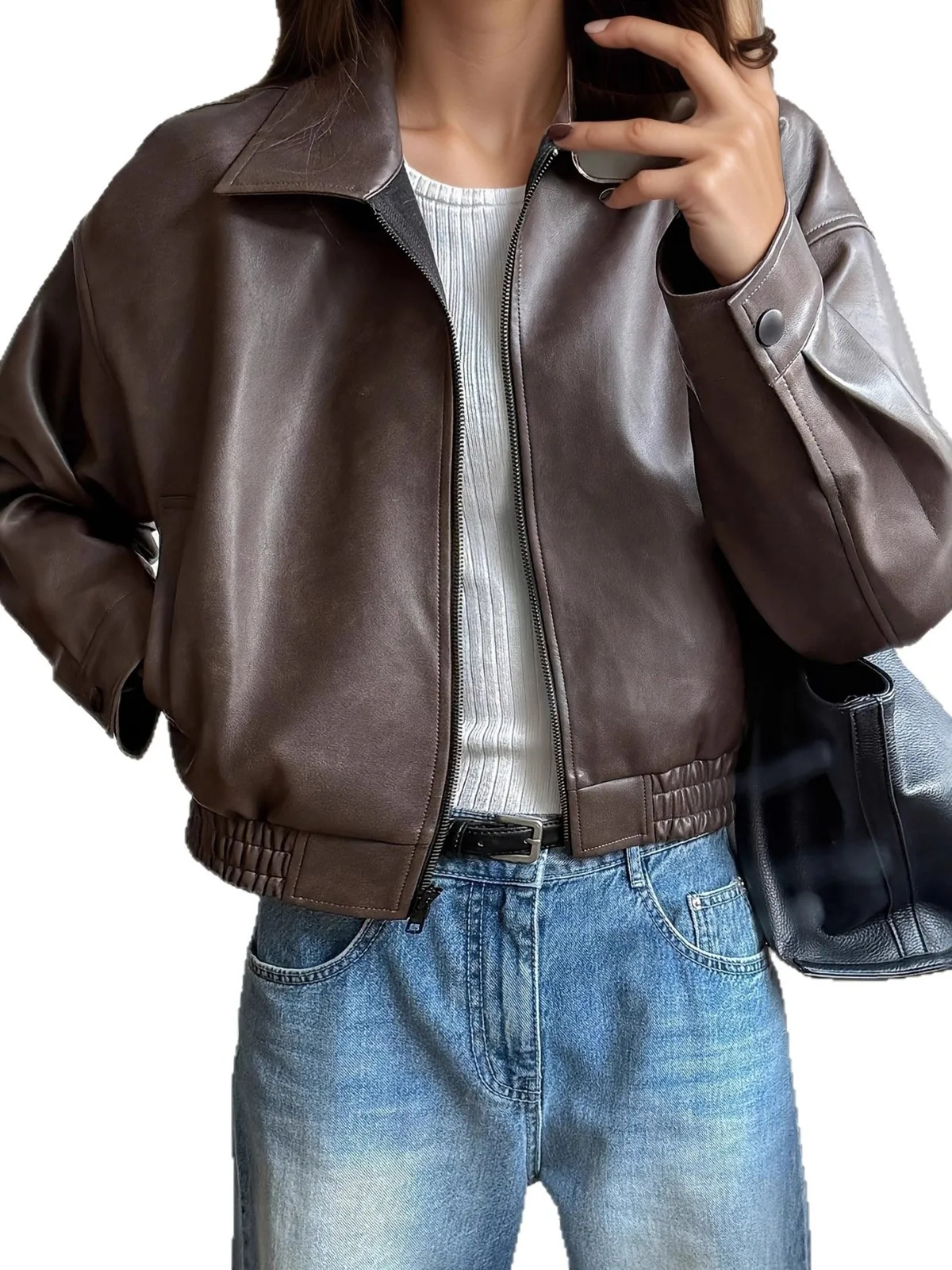 سترة ريترو Sle للسيدات من جلد البولي يوريثان سترة طويلة لراكبي الدراجات النارية أوائل الخريف ملابس خارجية مميزة للسيدات