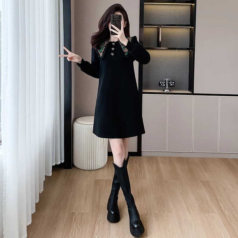 

Women Cotton Mini Dresses Female Doll Collar Long Sleeve Large Size 3XL Elegant Autumn ​Winter Black Selvedge Patchwork Vestidos