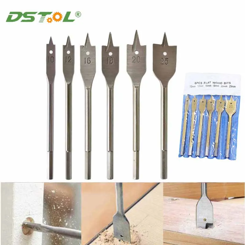 

6Pcs/Set Three Point Woodworking Flat Drill 10-25mm Woodworking Hole Opener Hexagonal Handle Titanium Plated Wood Drilling Bit