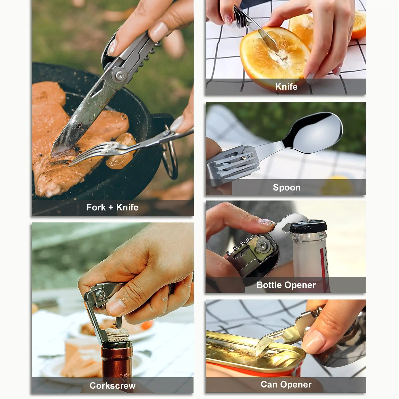 YANBIGUO 6-in-1 Detachable Camping Utensils Flatware Set-Multi-Function Travel Pocket Cutlery Folding Spoon,Knife,Bottle Opener