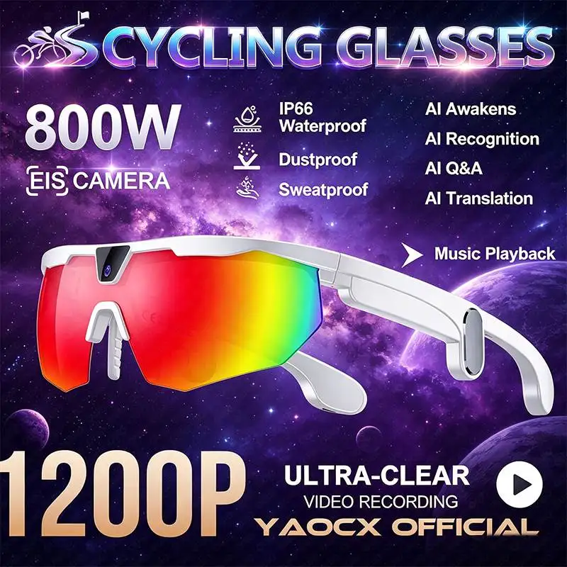 

New 1200P EIS Camera Cycling Glasses IP66 Waterproof Music AI Voice Translation WIFI Transmission HD Sports Outdoor SmartGlasses