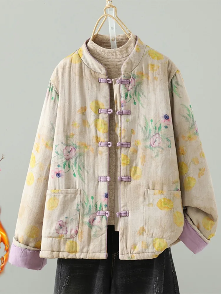 New National Style Printed Cotton Linen Jacket Women's Winter Large Size Home Clothes Handmade Button Stand Collar Cotton Coat