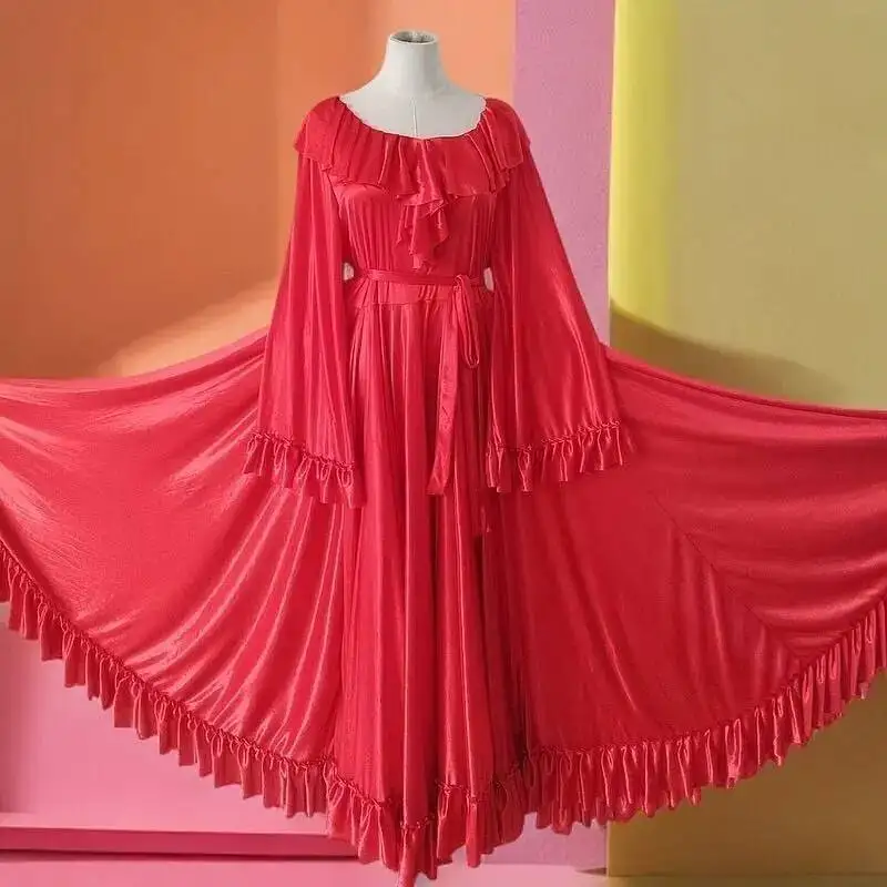 

Glossy Women Ruffles Satin Long Sleeve Dress With Sash Loose Maxi Dress Plus Size Sleeping Robe