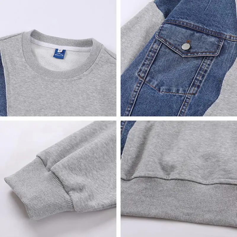 casual denim splicing sweatshirt for men and women plus velvet loose large size street trend spring and autumn Harajuku casual