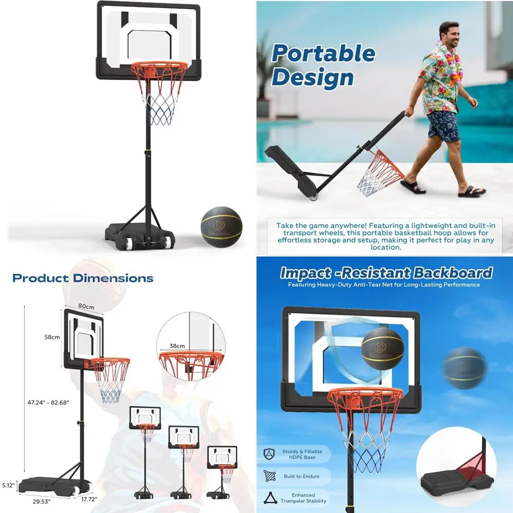 

adjustable height basketball hoop for pools, 3.9 to 6.9 feet, black pe frame, water base, air pump and 8-inch rubber ball includ