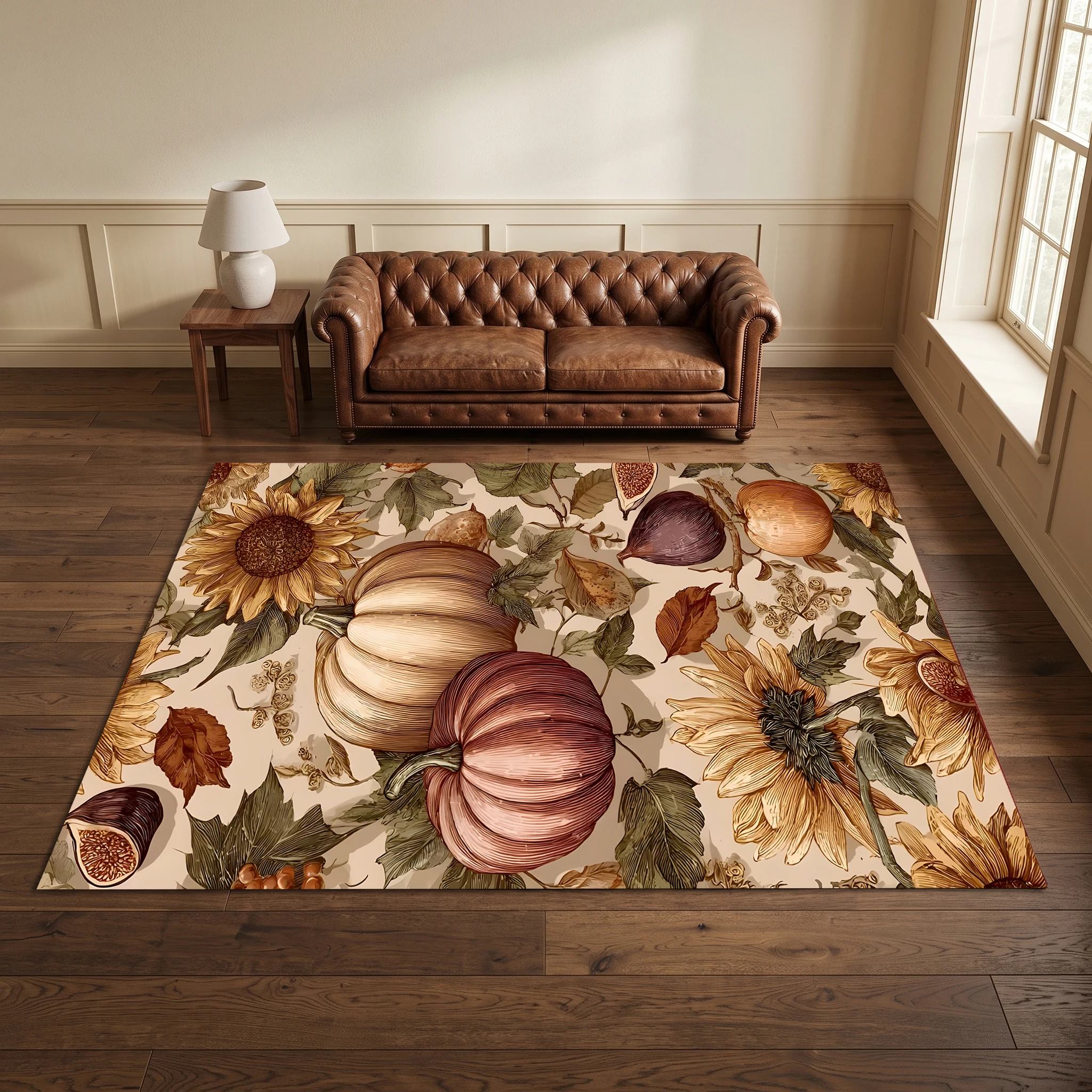 Sunflower and Pumpkin Autumn Fruit and Vegetable Print Retro Pastoral Style Autumn and Winter Velvet Rug, Suitable for Living Room, Bedroom, and Entryway to Create a Warm Autumn Harvest Atmosphere
