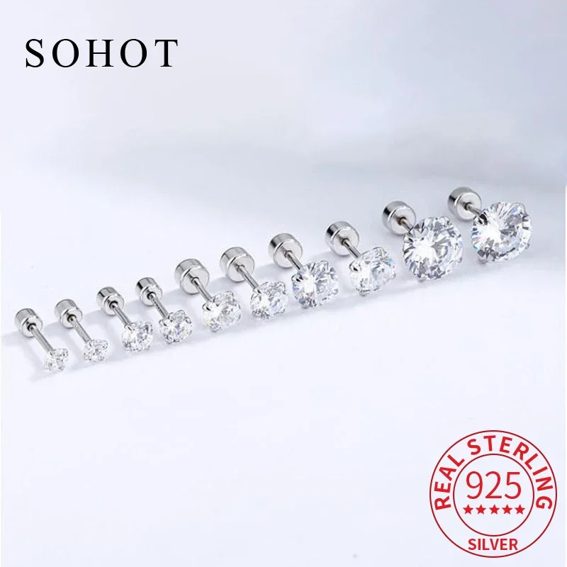 Real 925 Sterling Silver Zircon 3/4/5/6/7/8MM Round Stud Earrings for Women Classic Fine Jewelry Piercing Screw Bead Accessories