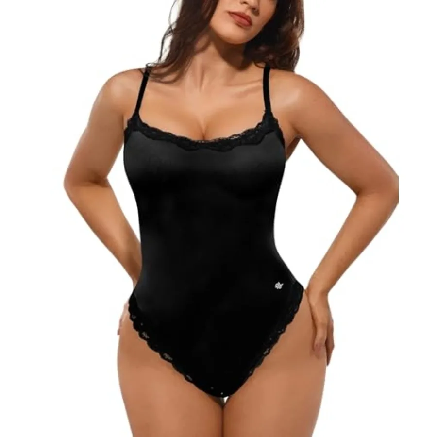 

Popilush Lace Body Suits Women - Square Neck Sleeveless Thong Bodysuit Tummy Conotrol Double Lined Camisole Tank Tops