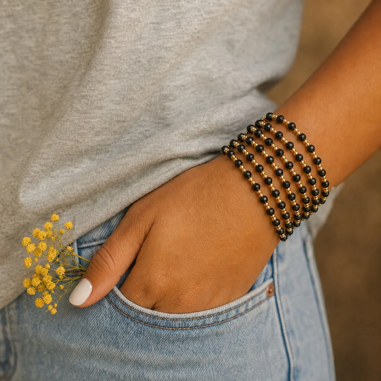 6pcs Black Glass Beaded Strand Bracelet with Gold Tone Copper Round Beads Trendy Layered Stack Style for Women Gift for Her
