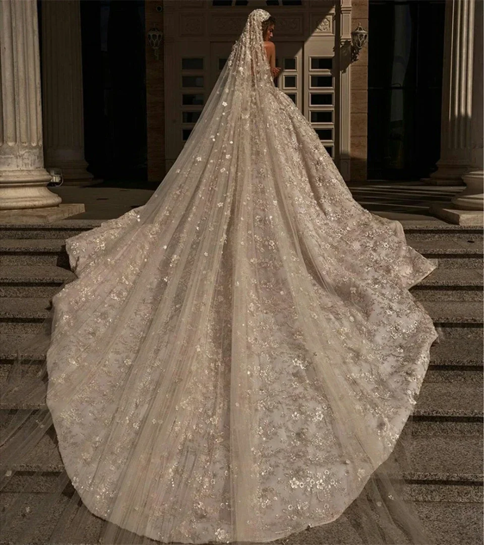 Luxurious A-Line Lace Decal Women's Wedding Dress New Sexy Deep V-Neck Off Shoulder Bridal Gown Vestido De Novia Customized