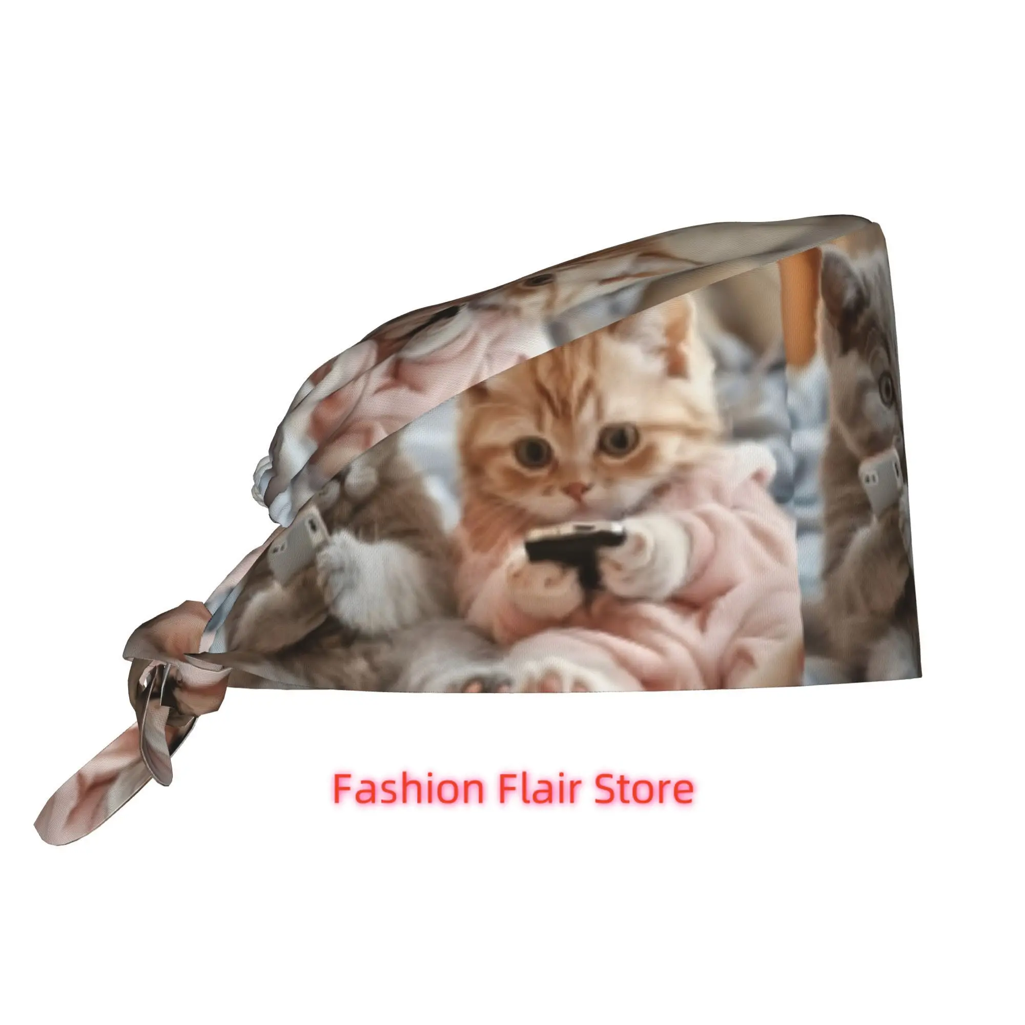 1pc Cute Kitten Printed Work Cap - Unisex Adjustable Nurse Hat, Lightweight Dustproof Chef & Cooking Cap with Tie-Back Design, S
