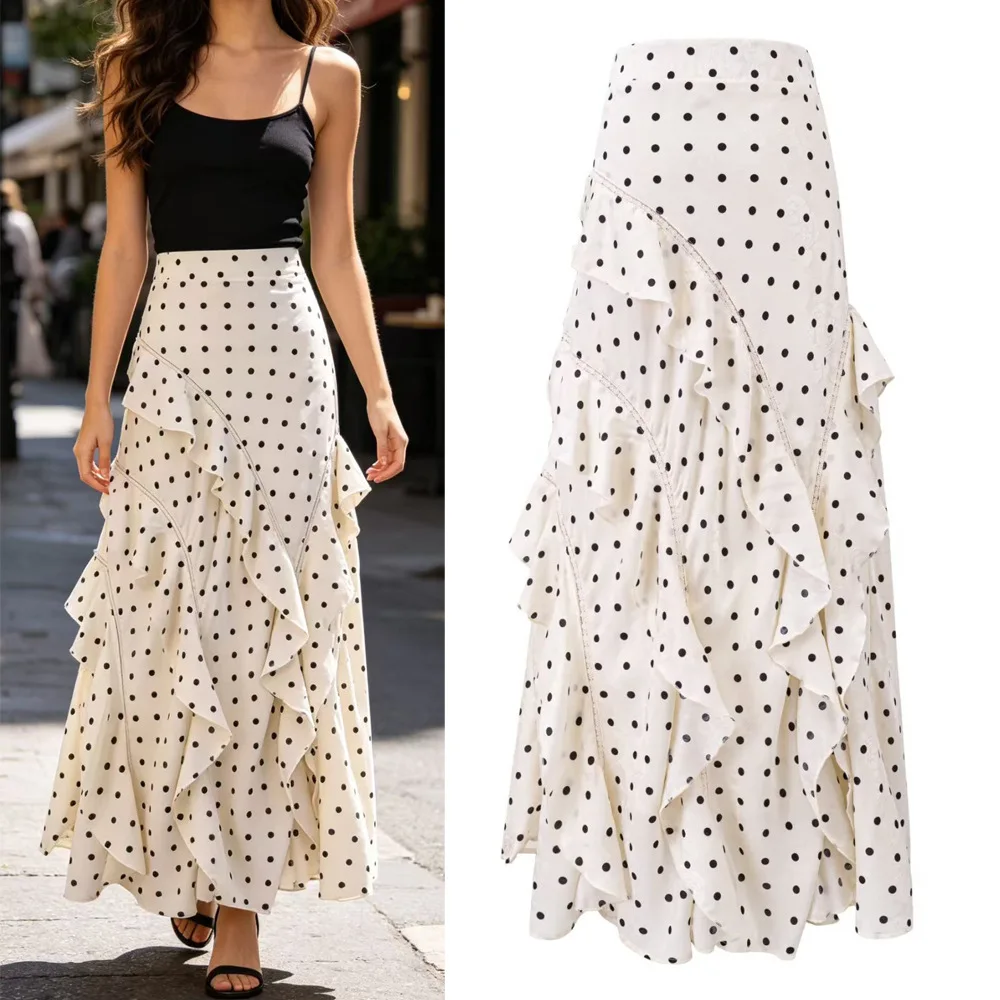 High Waist Polka Dot Half Skirt Irregular Design with Lace  for Women Summer Fashion Elegant Travel Suitable PVC Material