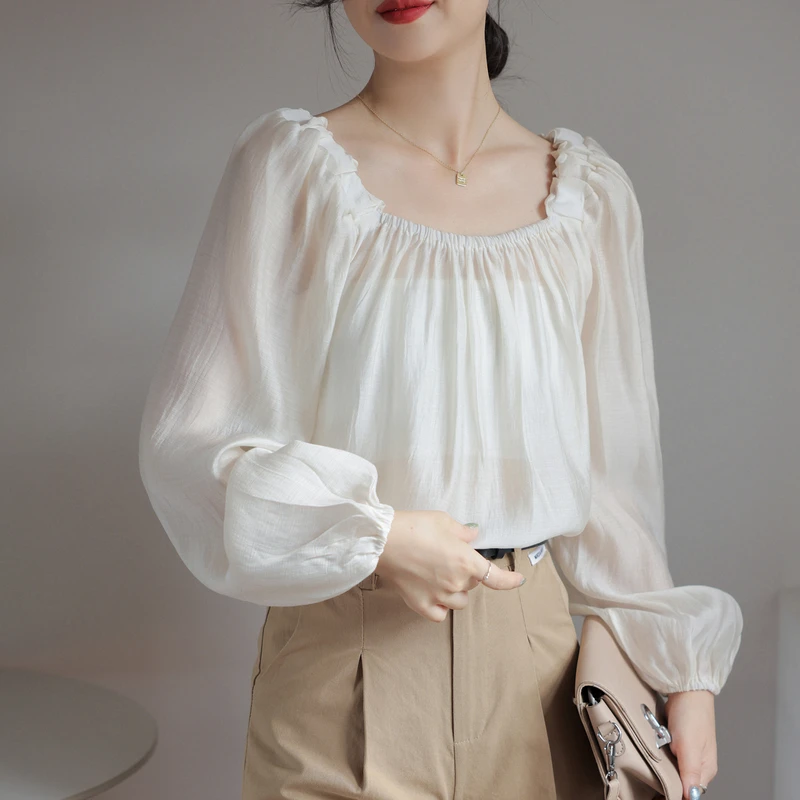 Autumn Vintage Puff Sleeve Women's Blouse 2023 New Sqaure Collar Korean Casual Office Ladies Pleated Shirts Tops Female