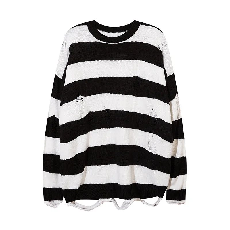 

America Style High Quality Asymmetrical Striped Sweater Men Women Ins Chic Long Sleeve Vintage Ripped Hole Hip Hop Knitwear Tops