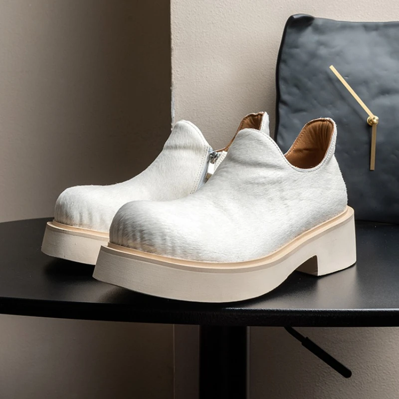 Handmade Design Genuine Leather White Horsehide Casual Derby Shoes Men Simple Height-increasing Business Dress Shoes Men Loafers
