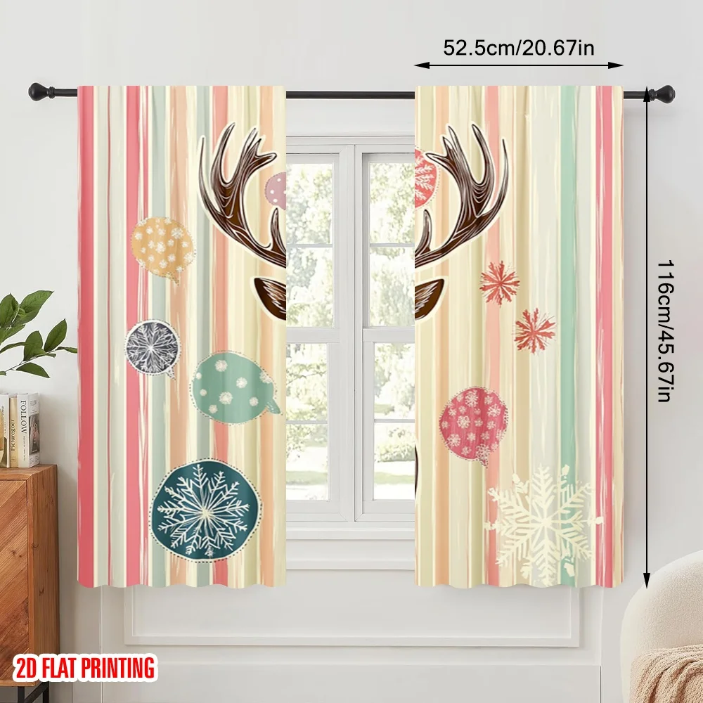 2pcs,2D plane printing Creative Curtains Deer Christmas Holiday Winter (2) Versatile 100% Polyester (without rod) Festive Use