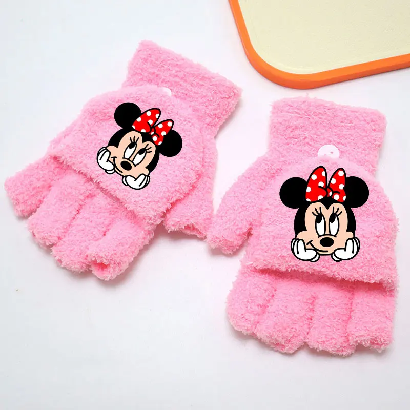 Sarung Tangan Mickey Mouse Model Lipat Kecil, Lucu, Anti Bocor, Rajutan, Sarung Tangan Setengah Jari untuk Musim Dingin, Bersepeda, Pelajar, Lembut, Motif Kartun, Hadiah