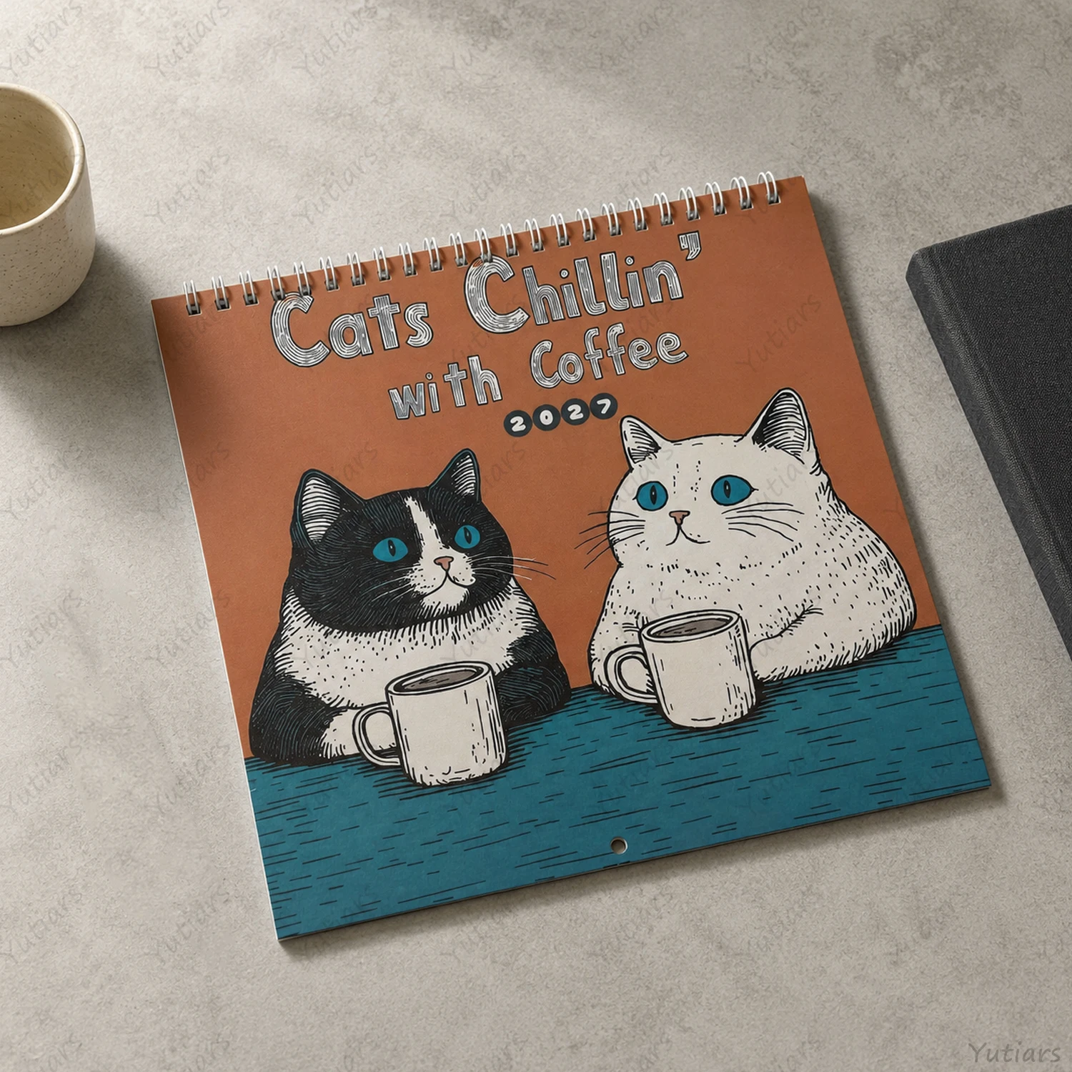 2027 Cat Coffee Wall Calendar, Cute Illustrated Monthly Planner, Square 8.27in Calendar for Home Office Desk Decor Gift Idea