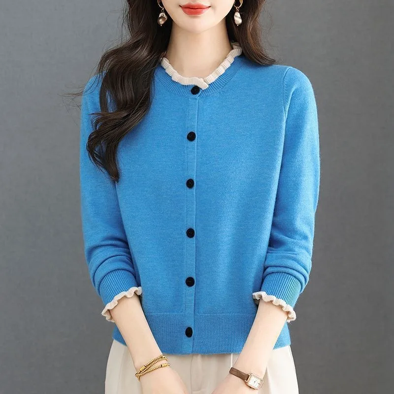 Women Ruffle Trim Knit Cardigan Round Neck Button Down Short Sweater Coat For Spring Autumn