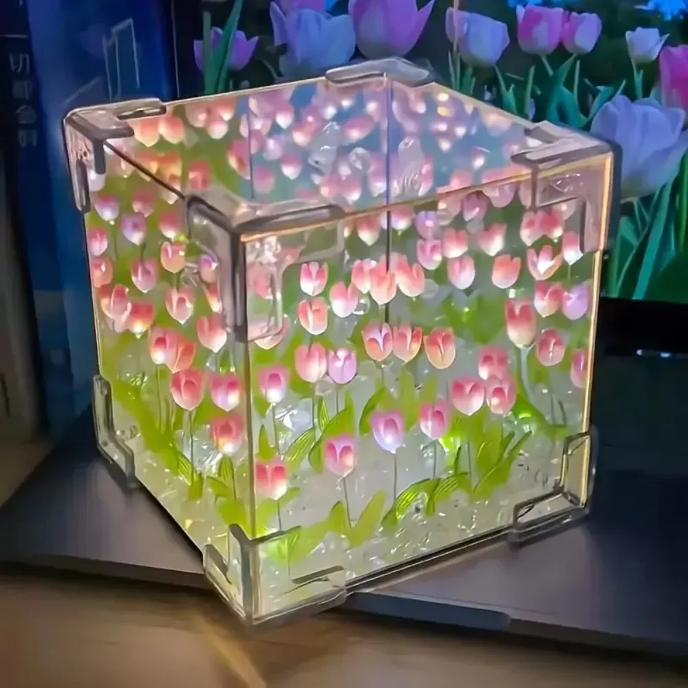 

DIY Flower Sea 3D Cloud Tulip LED Night Light Mirror Table Lamps Bedroom Ornaments Decoration Mirror Table Lamps Bedside Gift
