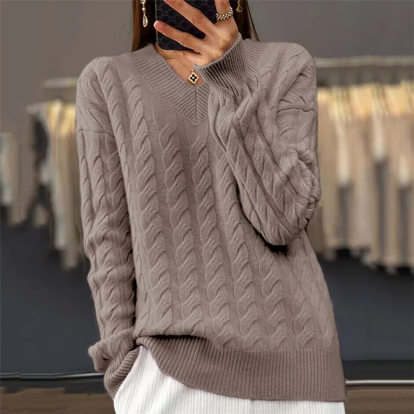 Suéter con cuello en V para mujer, Jersey de punto de manga larga a la moda, Tops básicos lisos cálidos para mujer, prendas de punto