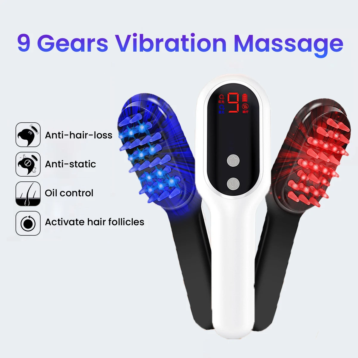 Electric Massage Comb Therapy Vibration Hair Growth Treatment Anti Hair Loss Red Blue Light Phototherapy Care with LED Display