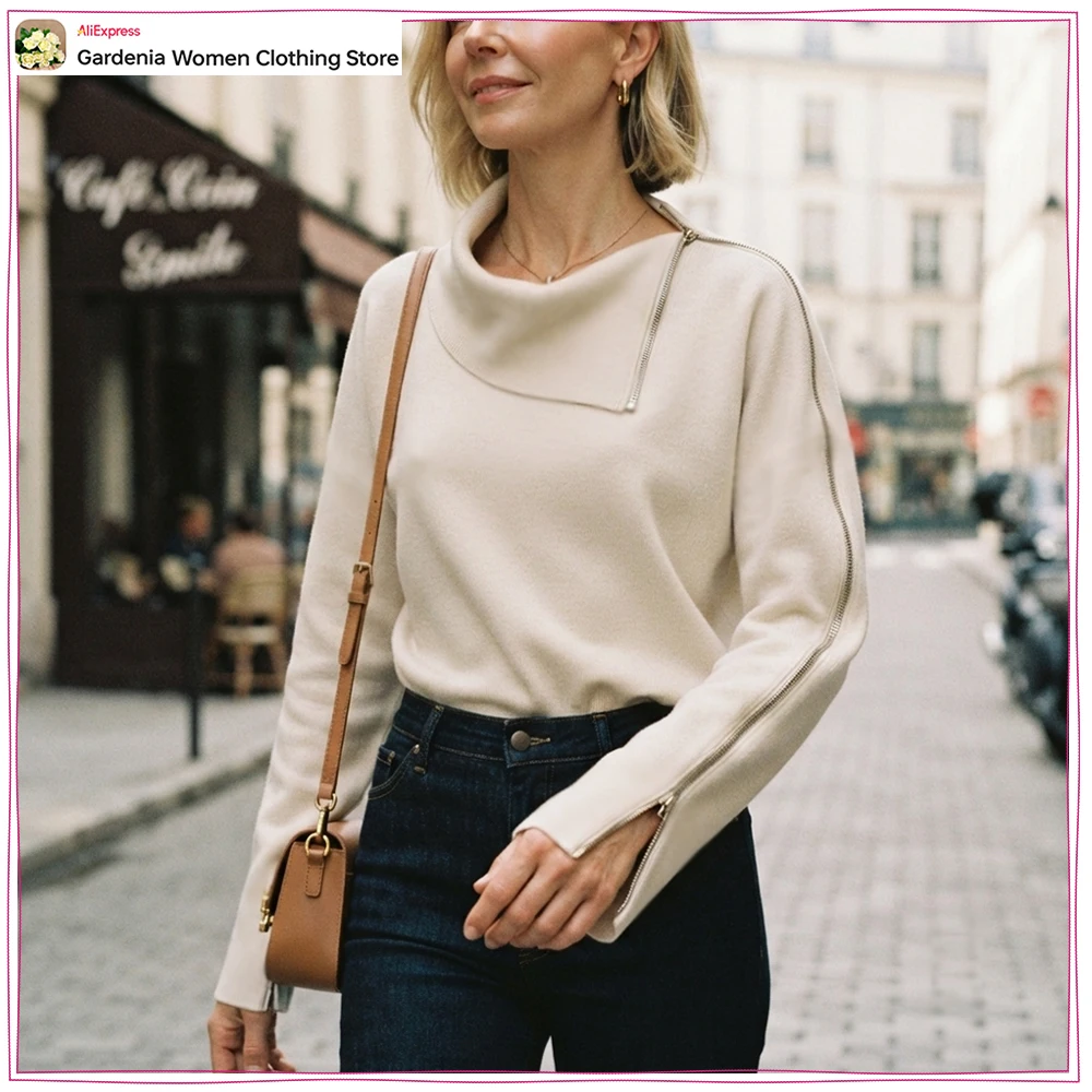 Autumn Side-zip Knit Jumper for Women Casual Long Sleeves & Lapel Collar Knitwear with Wide Armhole That Tapers Toward The Wrist
