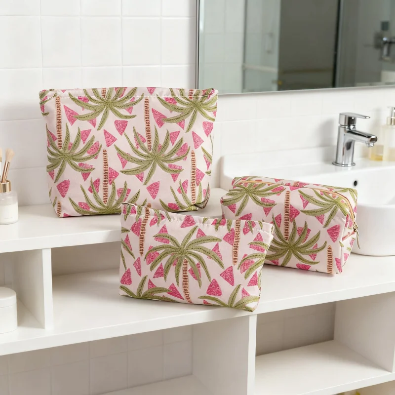 3Pcs/Set Tropical Palm Tree Makeup Bag Women Jacquard Cosmetic Organizer Portable Travel Wash Toiletry Pouch Skincare Storage