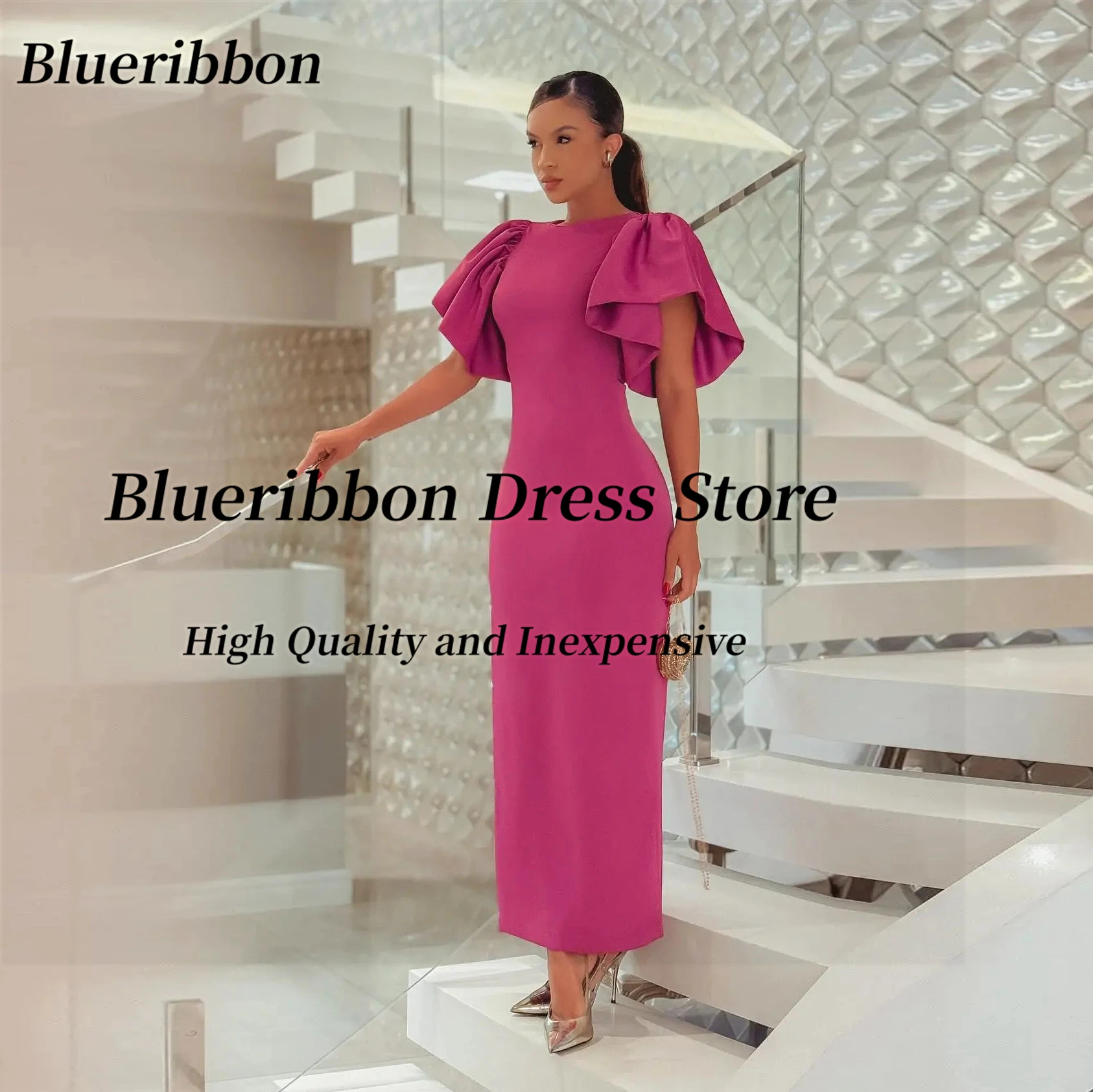 Blueribbon Simple Ankle Length Evening Dresses Customized Short Sleeves Prom Dress Zipper Back Wedding Party Saudi Women Wear