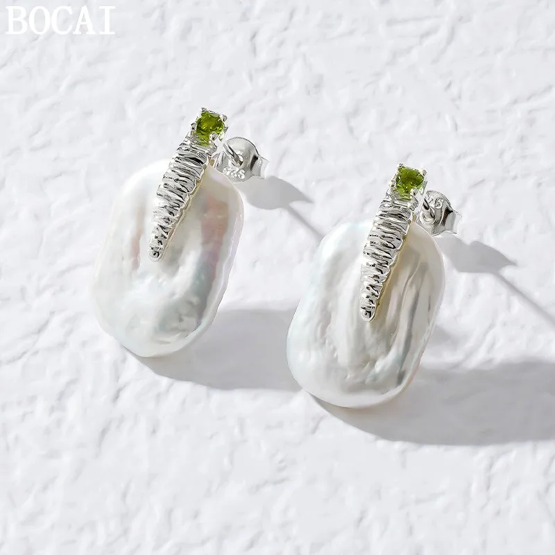 

BOCAI New S925 Sterling Silver Fashionable And Luxurious Natural Baroque Pearl Earrings Women's Selected Gift