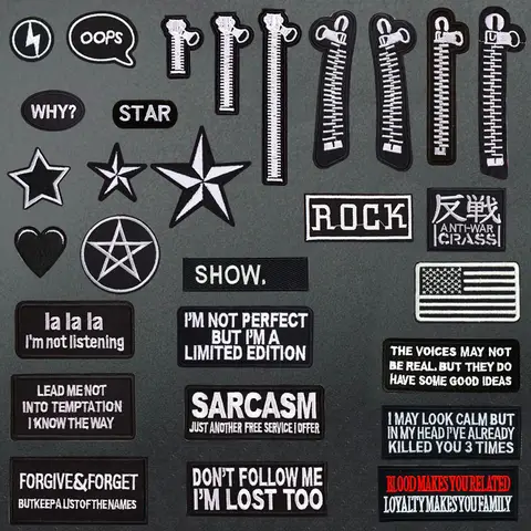 Wholesale Zipper Star Heart Letter Slogan Word Embroidery Patches for Clothing Iron on Clothes Jeans Appliques Stripes Stickers