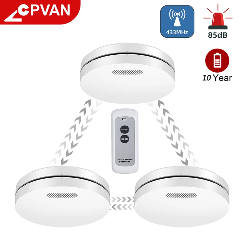 

CPVAN Interlinked Smoke Alarms Wireless Smoke Detector Alarm Smoke Detector 10 Years Battery Life Fire Sensor System Security