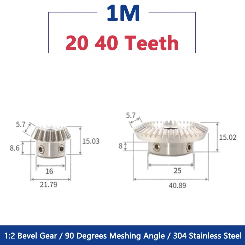 

1pc 20 40 Teeth 1M 1:2 Bevel Gear 90 Degrees Meshing Angle 304 Stainless Steel Gears 1 Module 20T 40T Bore 6 8 10 12 14 15mm