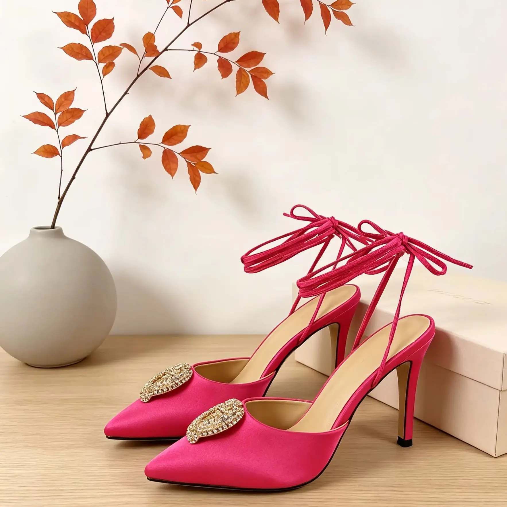 Rhinestone Decor Women Pointed Toe Stiletto High Thin Heels Pump Elegant Summer Party Fashion Sandals Ankle Lace Up Satin Shoes