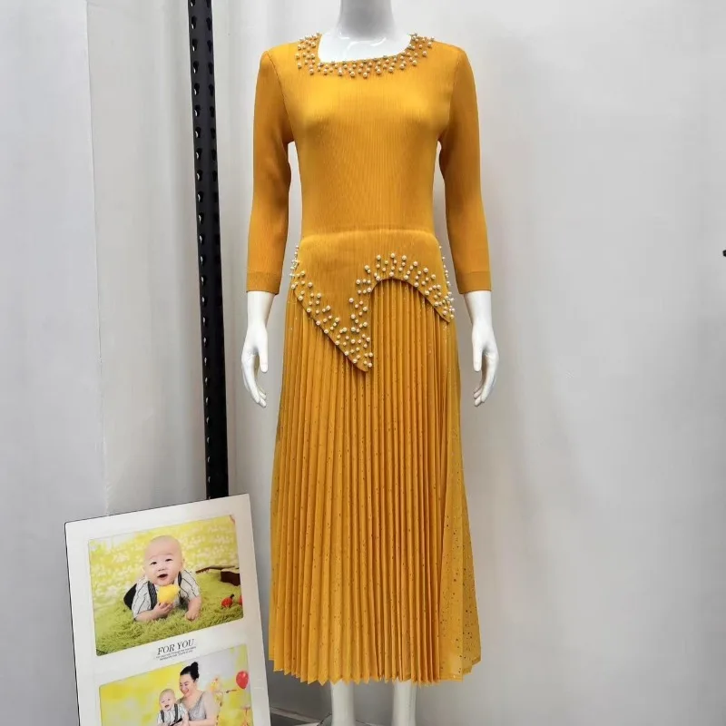 

Miyake плиссированное новое поступление, элегантное платье с длинными рукавами и бисером, простые плиссированные элегантные эластичные женские длинные платья больших размеров