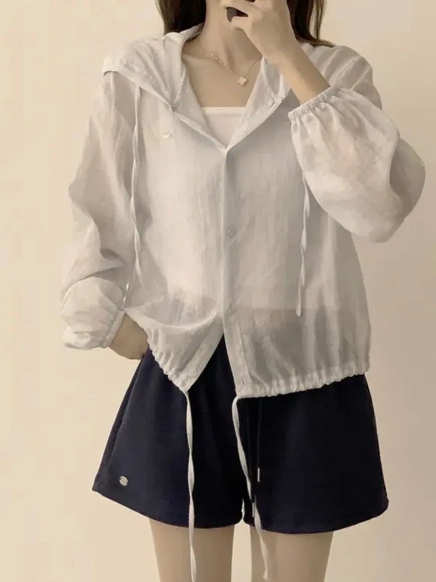 Koreaanse Sle Faion enkele knop UV-bescherming chiffon top met capuchon dames vroege herfst lang Sve lichtgewicht veelzijdig...