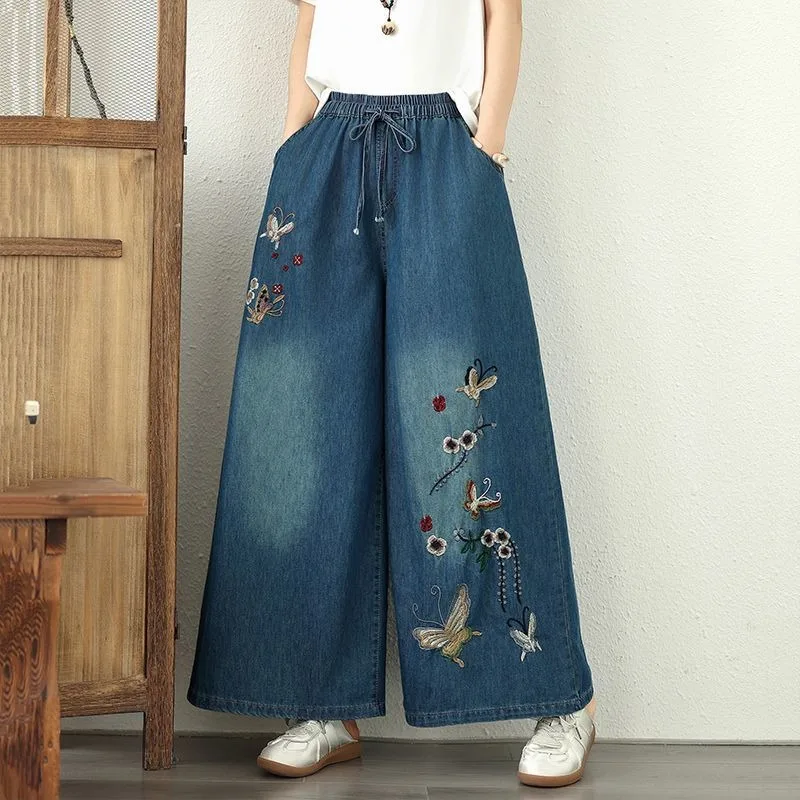 

Women's Summer Lightweight Ethnic Embroidered Wide Leg Jeans, New Fashion Plus Size Loose Slimming Casual Pants for Curvy Ladies