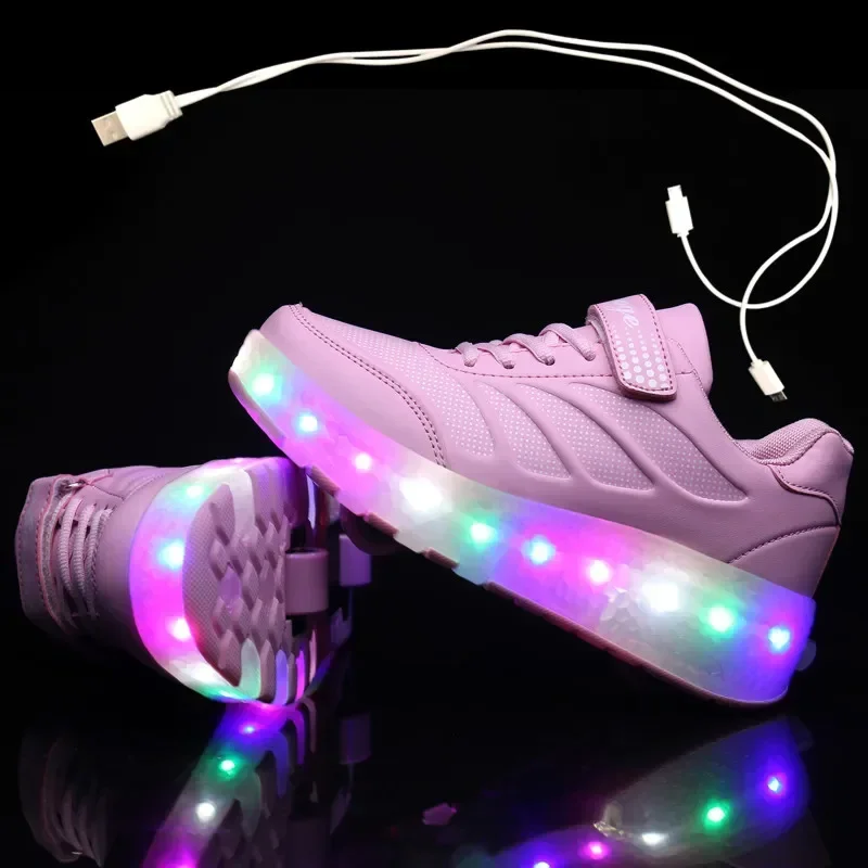 Ładowanie przez USB Czarne dwukołowe świecące trampki Led Light Roller Skate Shoes dla dzieci Buty LED dla chłopców i dziewczynek 28-43