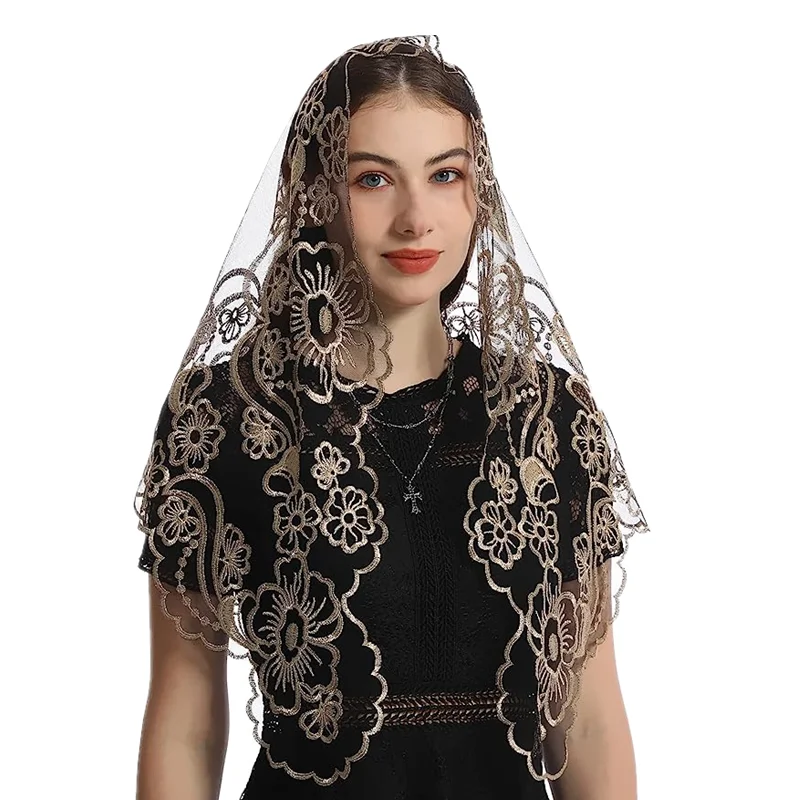 Velo de Iglesia Católica para mujer, Mantilla de encaje, cubierta de cabeza bordada, velo de Iglesia Española