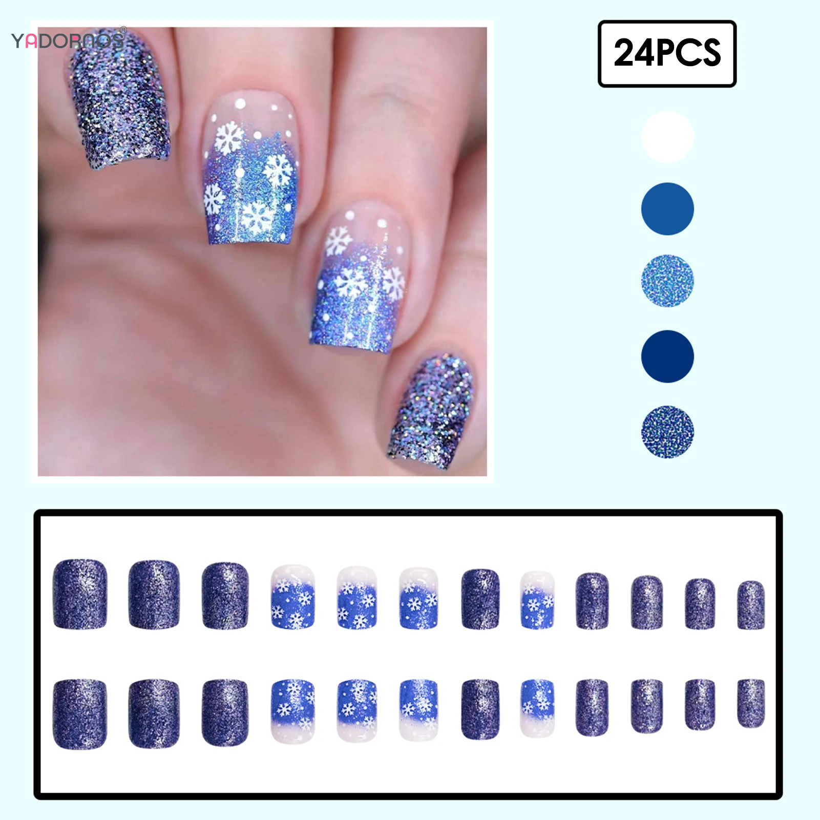 Glänzende blaue Pailletten, künstliche Nägel, kurze quadratische Charms, zum Aufdrücken der Nägel, weiße Schneeflocke, bedruckt, für Damen, Weihnachtsfeier, künstliche Nägel