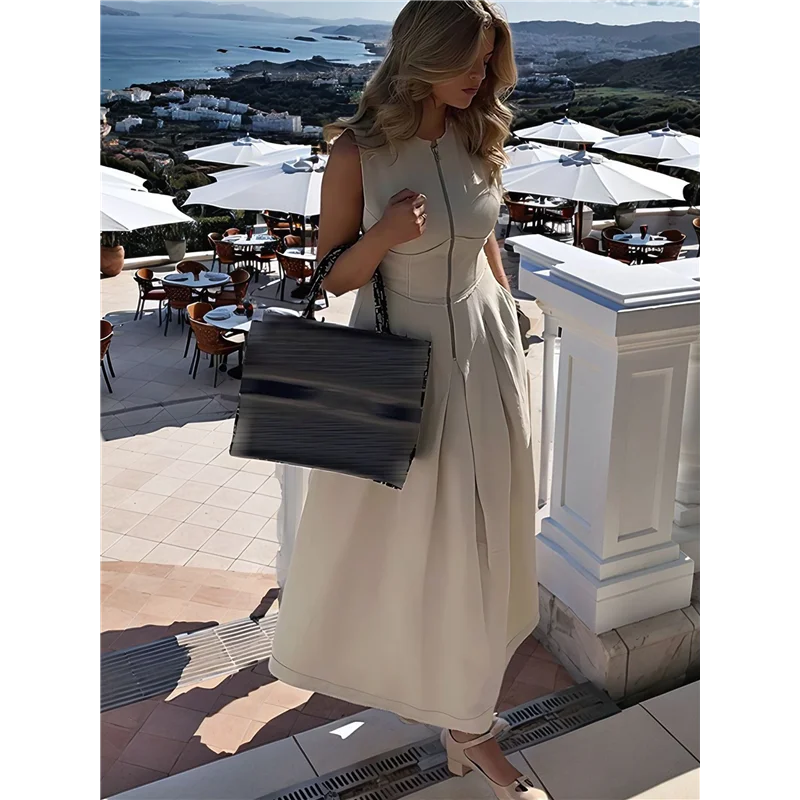 Vestido midi feminino casual de verão com decote em V profundo e manga franzida com cintura elástica e bolsos-A55G