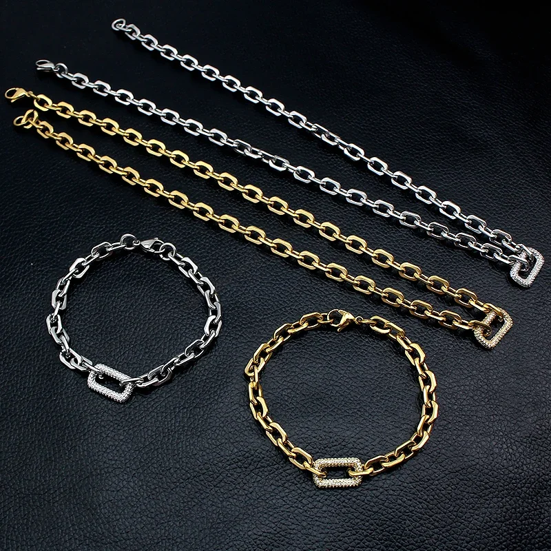 

316L Stainless Steel Multiple Color Necklace Fashion Gold/Silver zircon Link Chain Necklaces bracelet women luxury Jewelry gift