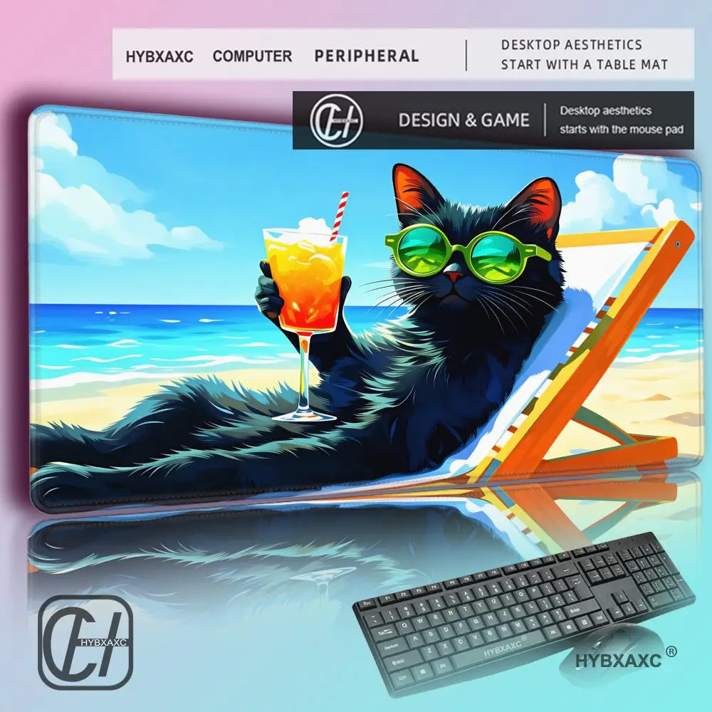 

HYBXAXC Funny Black Cat on Beach Chair Desk Mat, Large Non-Slip Gaming Mouse Pad, Lockedge