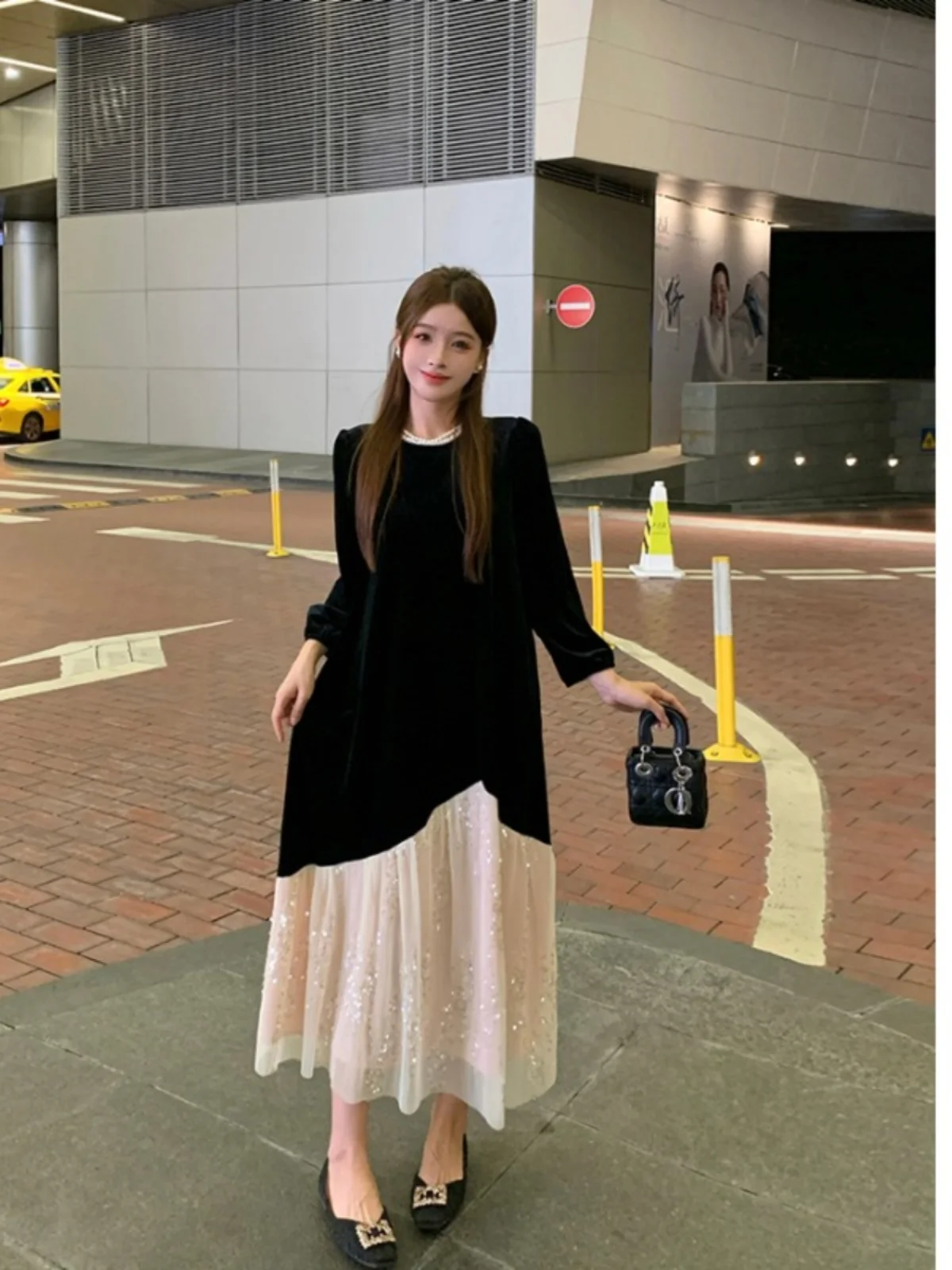 

plus Size Women's Bla Velvet Dr with Waist Cinching Splicing Net Long Skirt Autumn New Sle Korean Loose Fit Long Sve