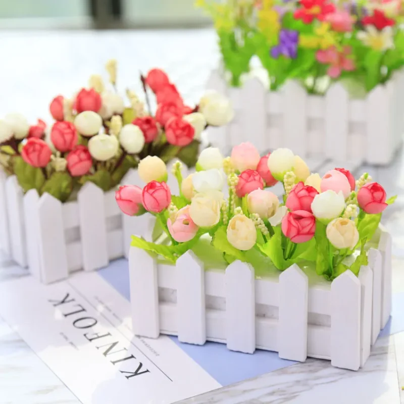 Hot sale Home decor Wedding Decorative Simulation Artificial Flowers Small Potted Plant Fake Chrysanthemum Set with Picket Fence