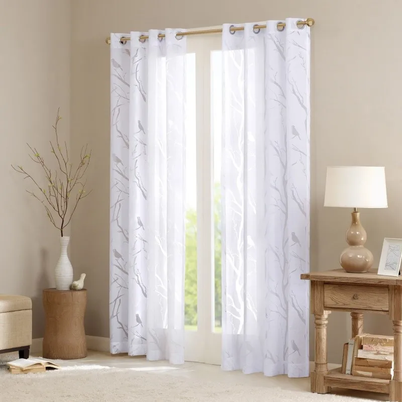

Grommet Top Sheer Bird on Branches Burnout Window Curtain(Only 1 Pc Panel)
