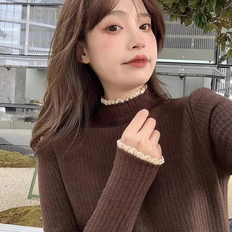 Women's Knitted Fleece Lined Mid-Neck Lace Collar Base Shirt Autumn Winter High-End Feel Half High Neck Sweater Commute Style