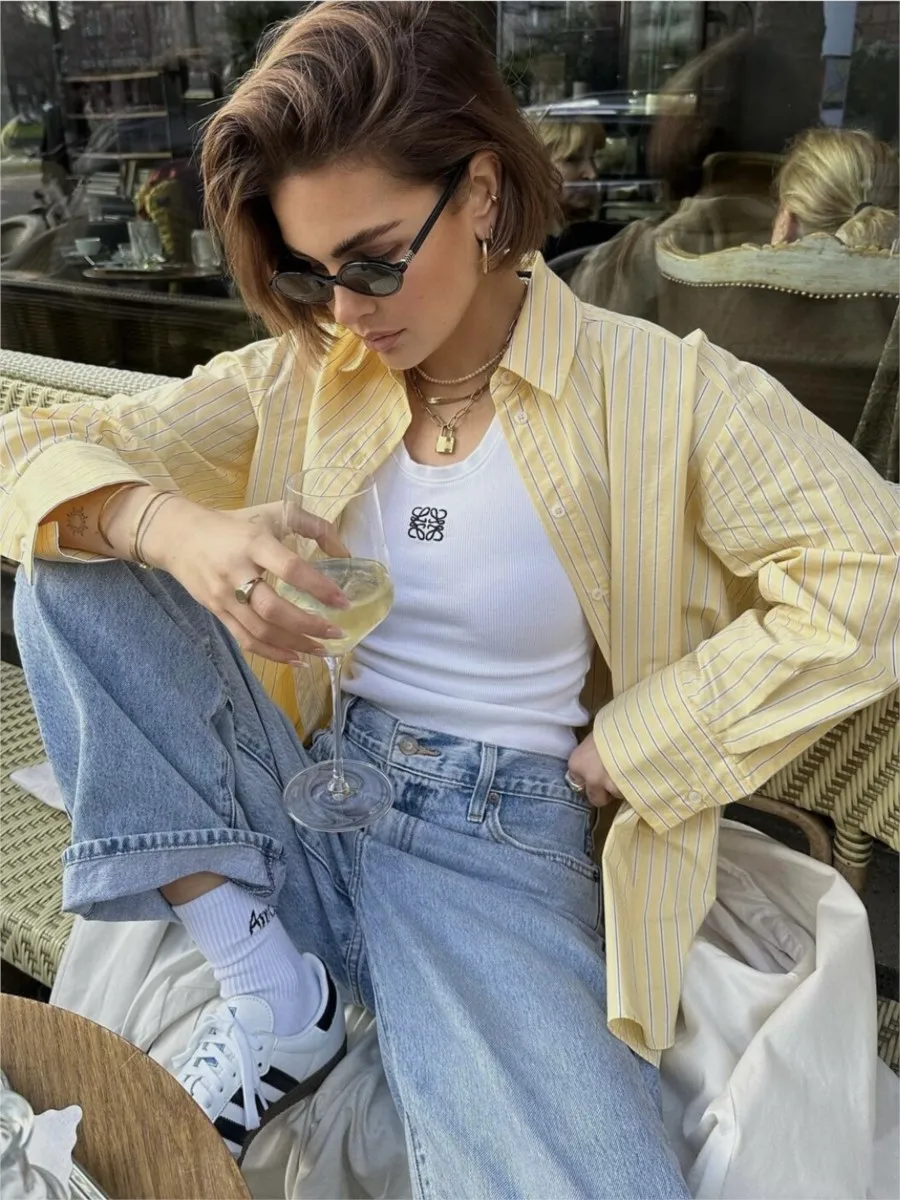 Yellow Striped Shirts For Women Summer Casual Long Sleeve Single Breasted Lapel Collar Blouses Simple Fashion Blouse 2024 New