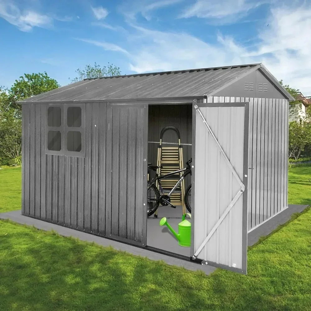 10 X 8FT Outdoor Storage Shed with Window, Hinged Lockable Door, Padlock & Punched Vents, Metal Shed Storage House